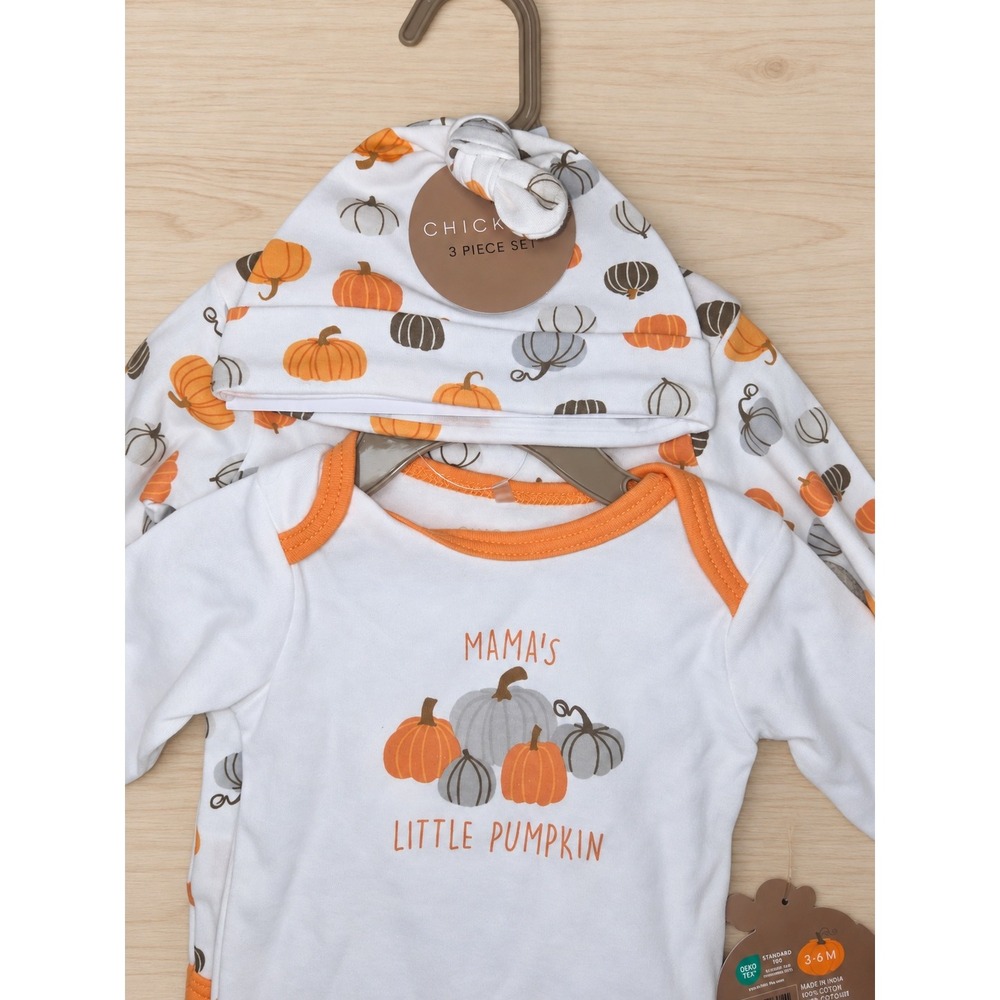 Chick Pea Baby 3 Piece Pumpkin Bodysuit Set Orange White Fall Thanksgiving 3-6M - Picture 2 of 3